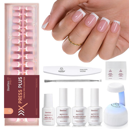 Beetles Press On Nail Kit-Short Square French Tip Press On Nails, 150Pcs Pink French Nail Tips with Nail Glue & Remover Builder Top Coat Nail Lamp, All-in-One DIY Fake Nails Gift for Women