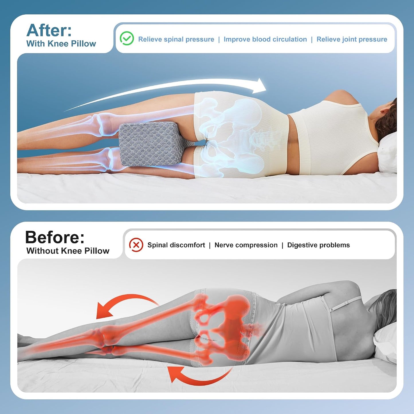 UJPFEO Knee Pillow for Side Sleepers, Leg Pillow for Sciatica, Back, HIPS, Knees, Joints Pain Relief,Pillows for Between Legs While Sleeping Spine Alignment Support & Relieves Pressure