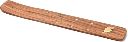 Wooden Incense Holder for Sticks with Inlays of Brass Crescent Moon 10 inches Long