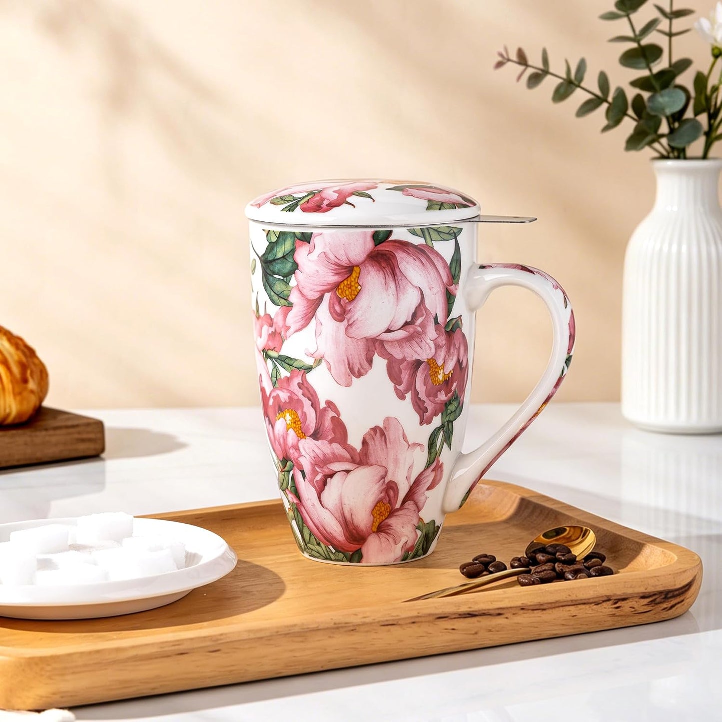 AmorArc 18oz Porcelain Tea Mug with Infuser & Lid, Loose Leaf Tea Cup with Stainless Steel Strainer, Large Coffee Mug Gift for Women, Tea Lovers, Home & Office
