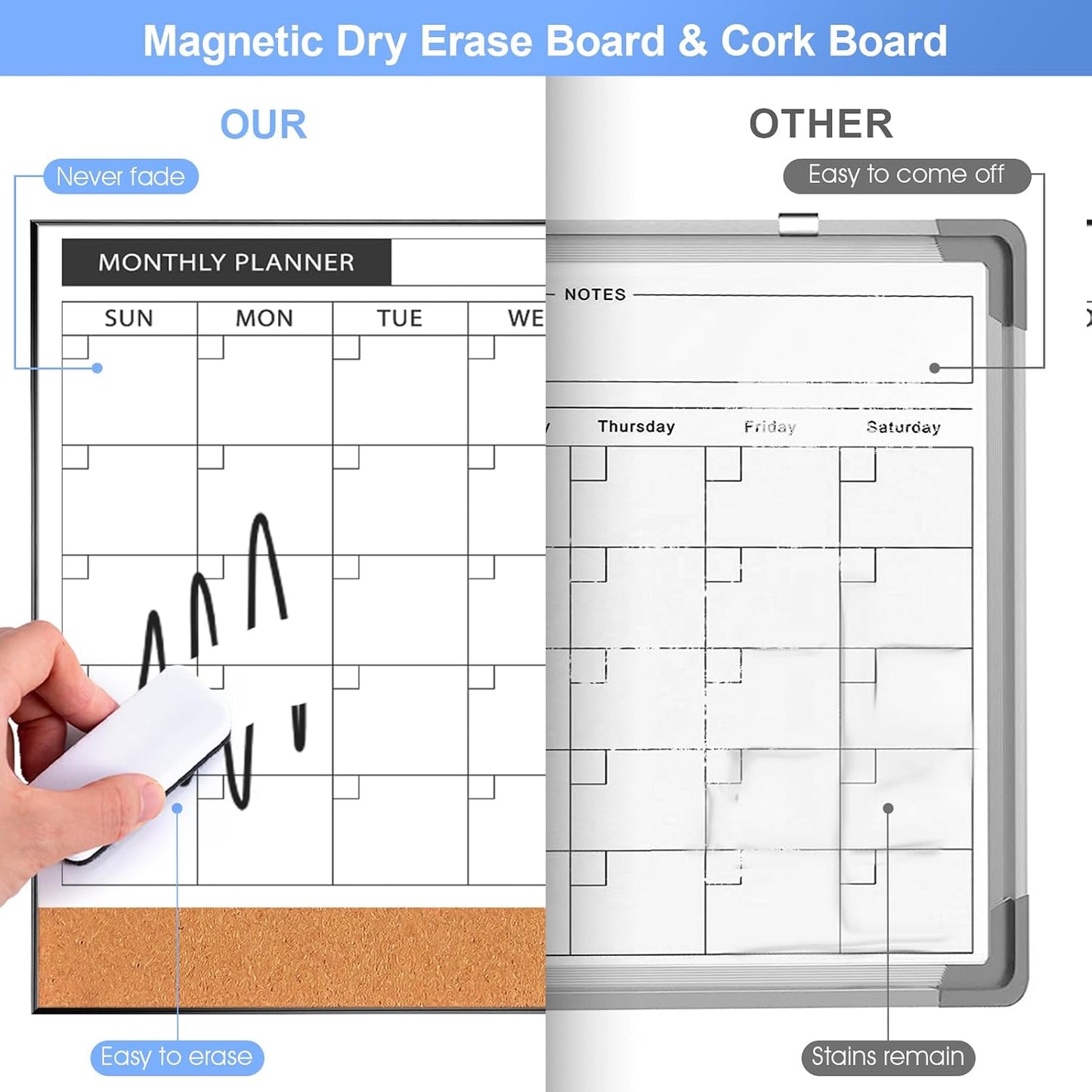 ARCOBIS Dry Erase Calendar with Cork Board for Wall, 24"x 18" Magnetic Calendar Whiteboard with Black Frame, Monthly Combination Board for School, Home, Office