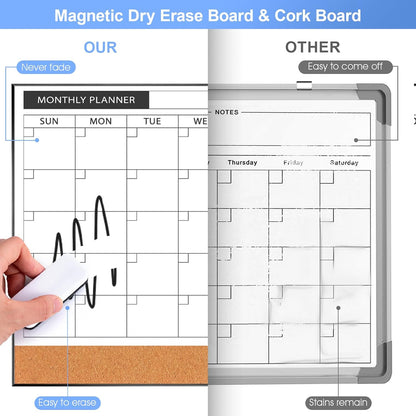 ARCOBIS Dry Erase Calendar with Cork Board for Wall, 24"x 18" Magnetic Calendar Whiteboard with Black Frame, Monthly Combination Board for School, Home, Office