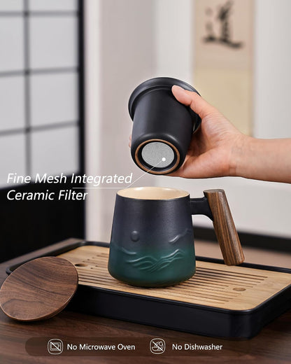 ZENS Embossed Ceramic Tea Mug with Infuser and Lid, 14.5 oz Wooden Handle, Loose Leaf Tea Steeper Cup & Strainer for Tea Lovers Gifts