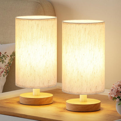 Fenmzee Small Table Lamp for Bedroom - Inline Control, Bedside Lamp with 3000K A15 LED Blub, Easy Assembly (Cream Shade - Wood Base, 9" Inline Control)