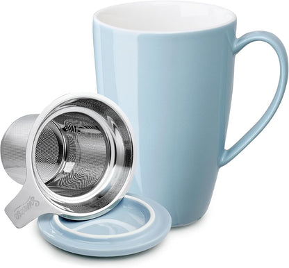 Sweese 15oz Porcelain Tea Mug with Infuser and Lid – Microwave Safe, Ergonomic Handle, Lead-Free Glaze, for Loose Leaf Tea