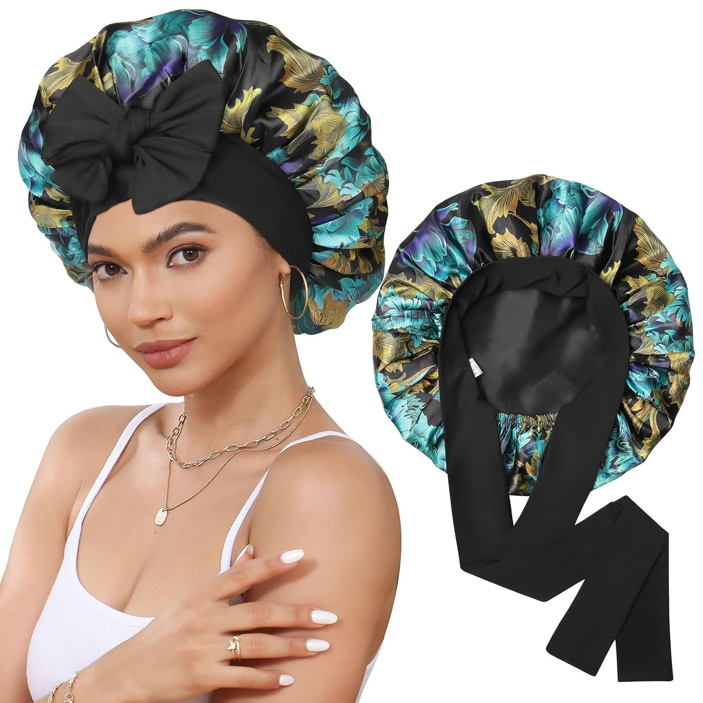 Satin Bonnet for Sleeping Cap Double Layer Hair Bonnet with Elastic Tie Band for Curly Hair Night Cap (Bean Paste + Pink)