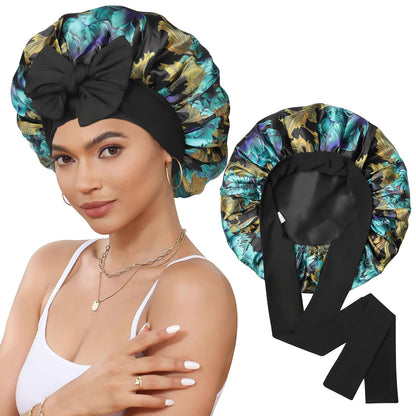 Satin Bonnet for Sleeping Cap Double Layer Hair Bonnet with Elastic Tie Band for Curly Hair Night Cap (Bean Paste + Pink)