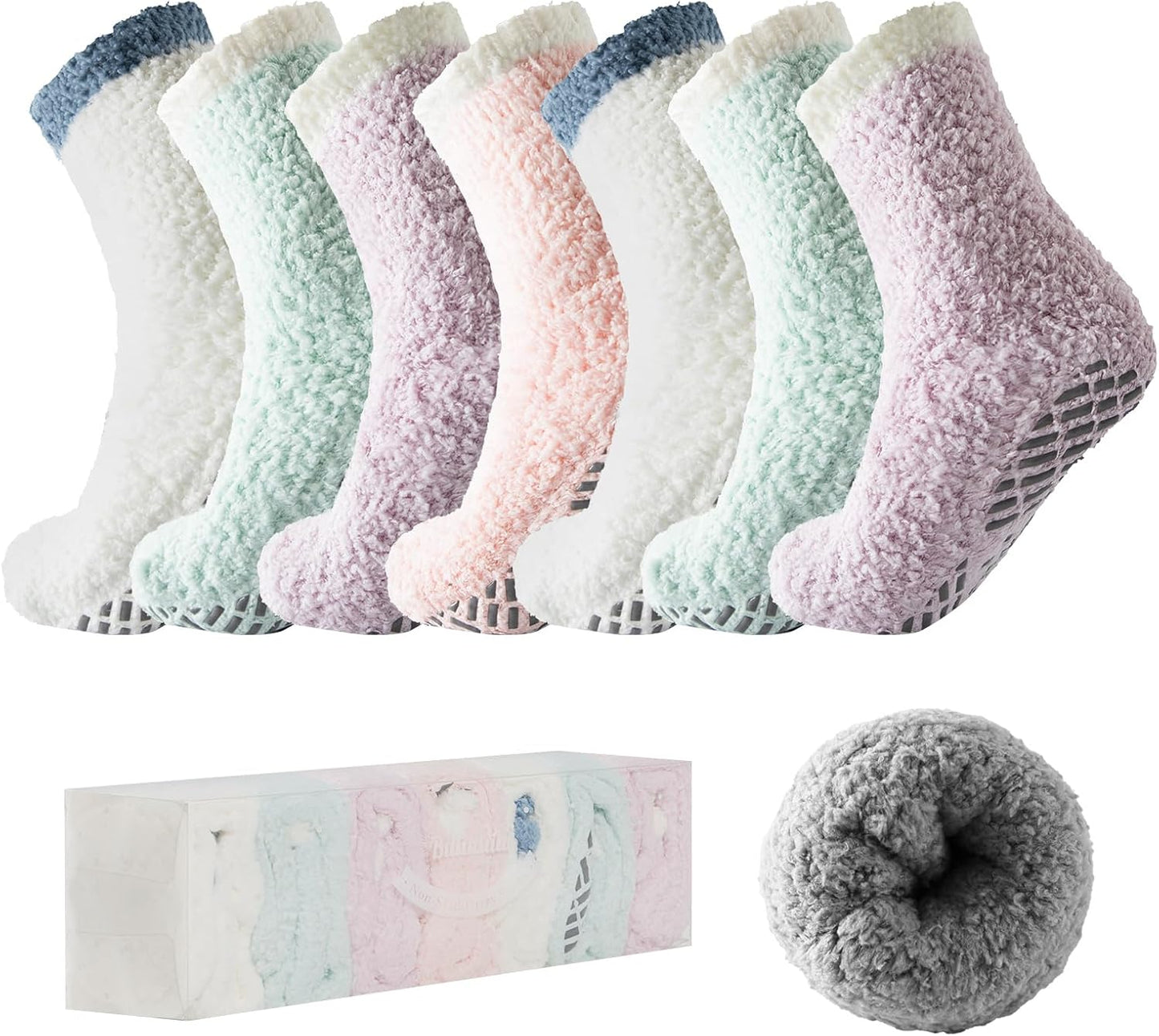Bulinlulu Fuzzy Socks with Grips Plush Sleep Cozy Winter Soft Hospital Fluffy Socks for Womens Mens Gifts