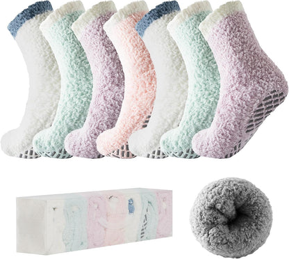 Bulinlulu Fuzzy Socks with Grips Plush Sleep Cozy Winter Soft Hospital Fluffy Socks for Womens Mens Gifts