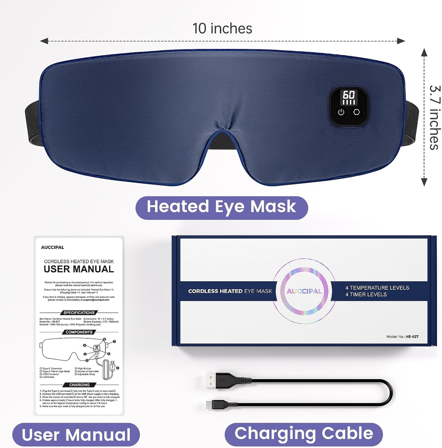 Heated Eye Mask for Dry Eyes, Cordless Warm Eye Compress with 4 Heat & time Levels, Eye Heating pad for Blepharitis, Styes, Travel, Improved Sleep, Gift (Navy Blue)