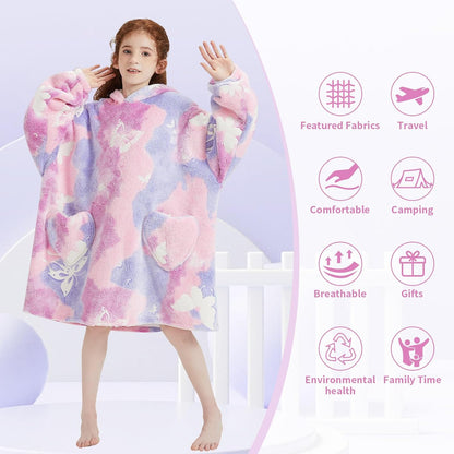Fiosnow Glow in the Dark Unicorn Blanket Hoodies for Kids 6-13YR Oversize Wearable Blanket Hoodies for Boys Girls Teens
