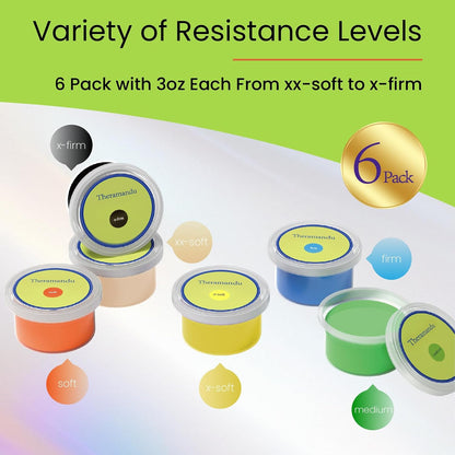 6 Pack Theramandu Therapy Putty for Teens and Adults, Hand Strengthening and Sensory Therapy Putty for Exercise, Non-Toxic Hand Putty, 6 Different Resistances, 3 Ounces of Each Putty