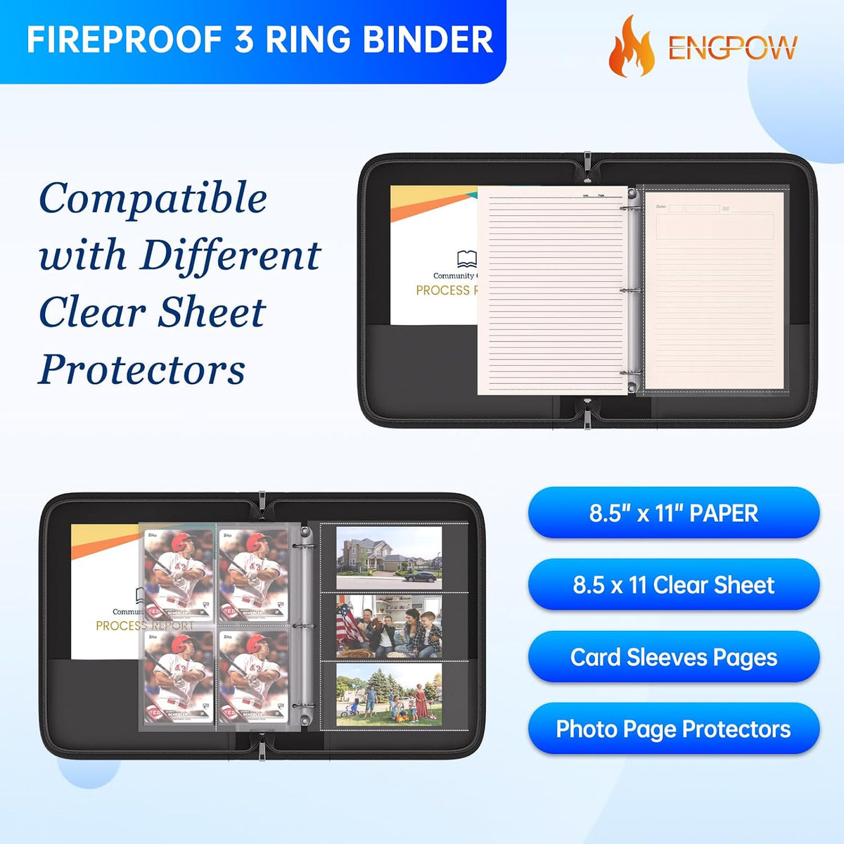 ENGPOW 3 Ring Binder,Fireproof 3 Inch D Ring Binder with Zipper,Holds 750 Sheets,Non-Stick,PVC-Free,Compatible with Clear Sheet Protectors,Portable School Office Home Safe Storage for Paper,Black