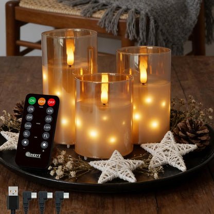 LEDHOLYT Rechargeable Flameless Glass Pillar Candles–Gifts for Women,–Set of 3, Realistic Flickering LED Flame,Remote & Timer, Ideal for Living Room, Bedroom & Halloween Festival Home Party Decor