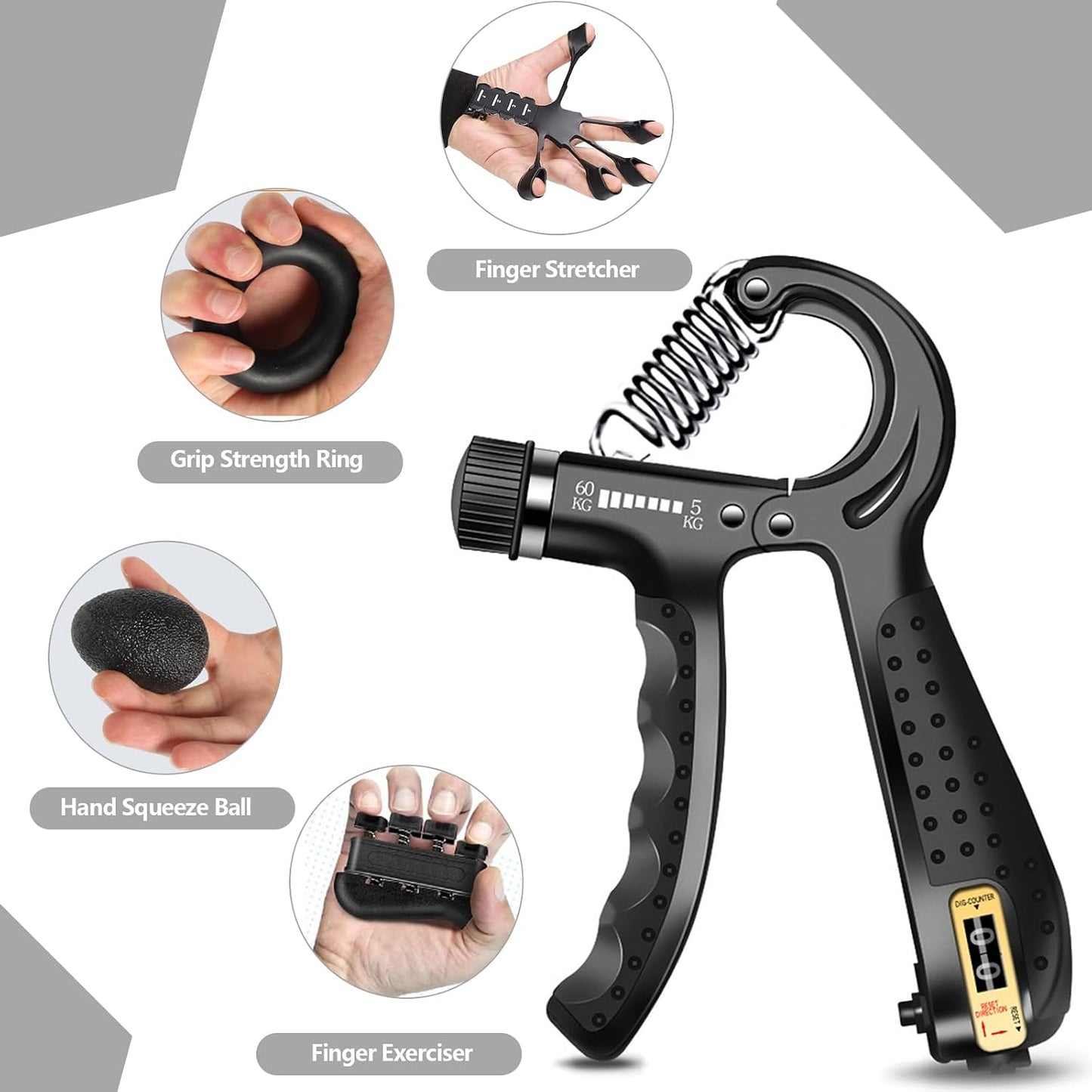 Hand Grip Strengthener Kit 5 Pack Adjustable Finger Forearm Hand Exerciser | Adjustable Grip Trainer, Finger Stretcher & Stress Ball Set for Strength Training & Hand Exercises