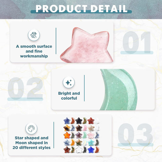 Nuenen 30 Pcs Worry Stones Bulks Moon Star Shaped Crystals Gifts for Mother Gemstone Star Bulks Palm Moon Hand Carved Thumb Stones for DIY Witchcraft Supplies Wedding Decor(Elegant Colors)