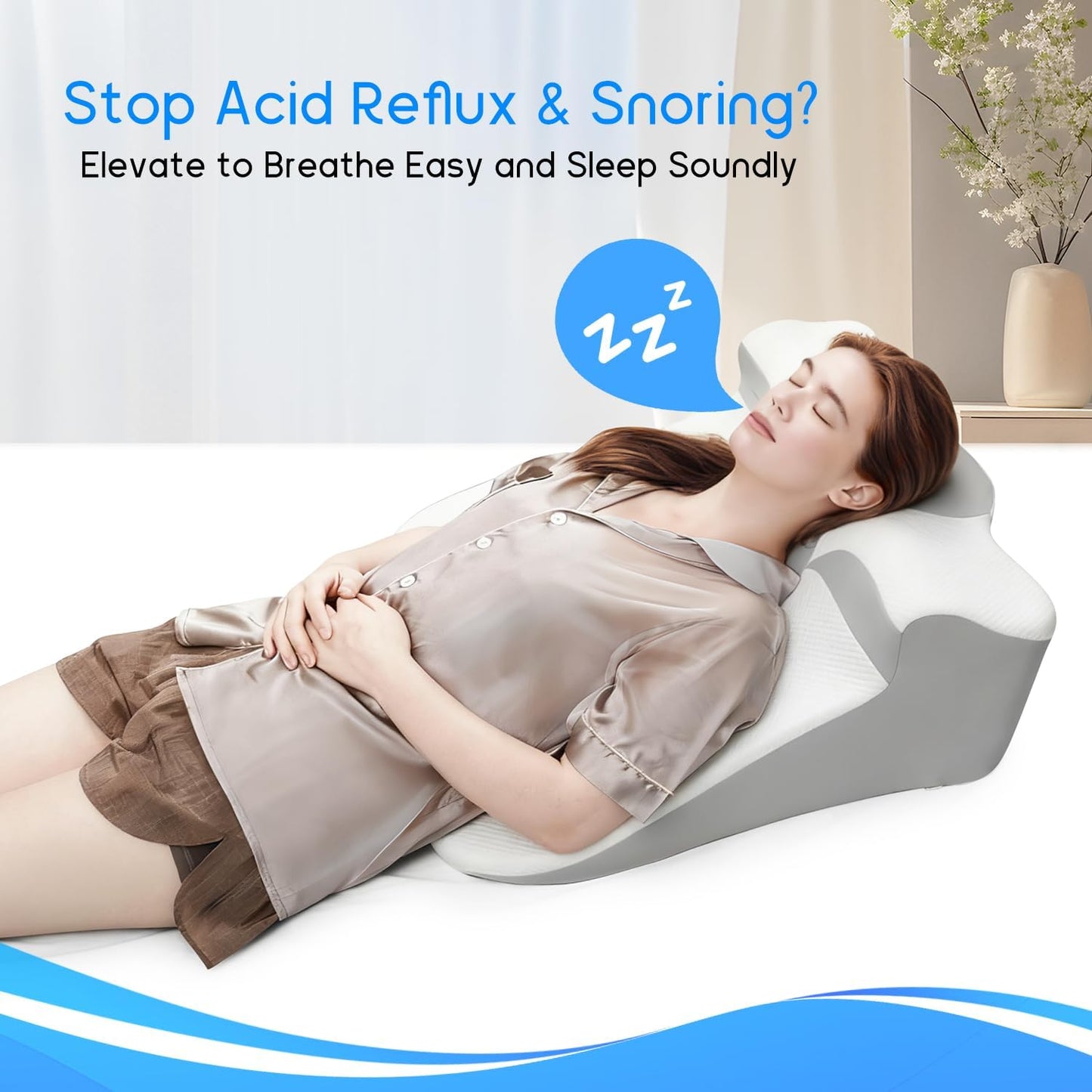 Bed Wedge Pillow for Sleep Apnea, Acid Reflux& Snoring Relief, Post-Surgery Recovery Pillow with Ergonomic 3-in-1 Certified Memory Foam for Back, Neck& Head Support (Pearl White)