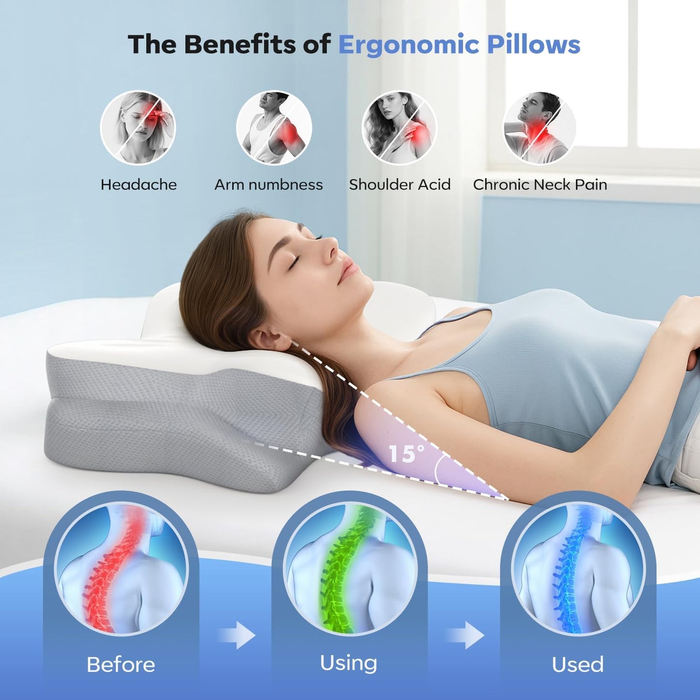 Cervical Neck Pillow, Ergonomic Memory Foam Pillow for Neck Pain Relief with Dual-Height Design, Breathable Cover, Neck Support for Side Back & Stomach Sleepers, Odorless White 1 pcs