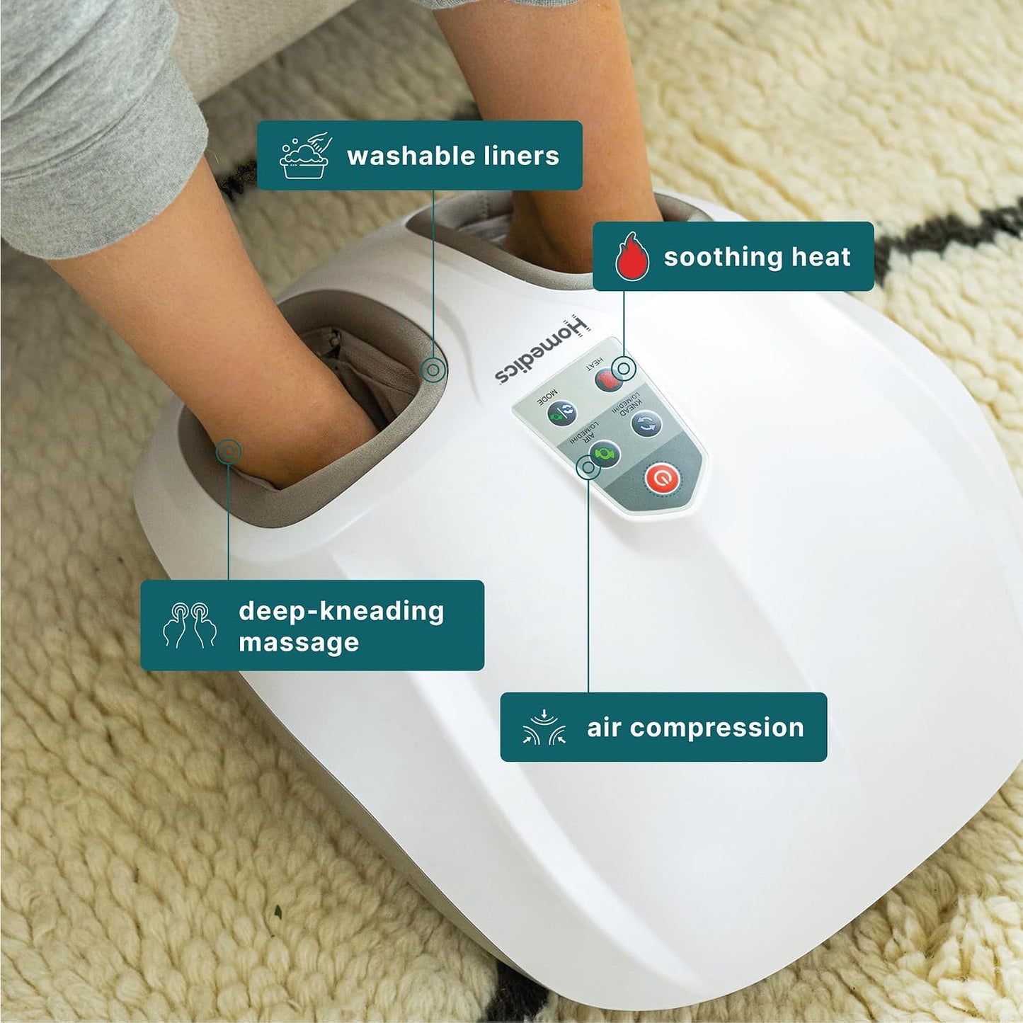 Homedics Shiatsu Air 2.0 Foot Massager with Soothing Heat and Rhythmic Air Compression, 3 Customized Controls and Intensities, Washable Liner, At-Home Kneading Massage Relaxes Feet, 3 Speed Options