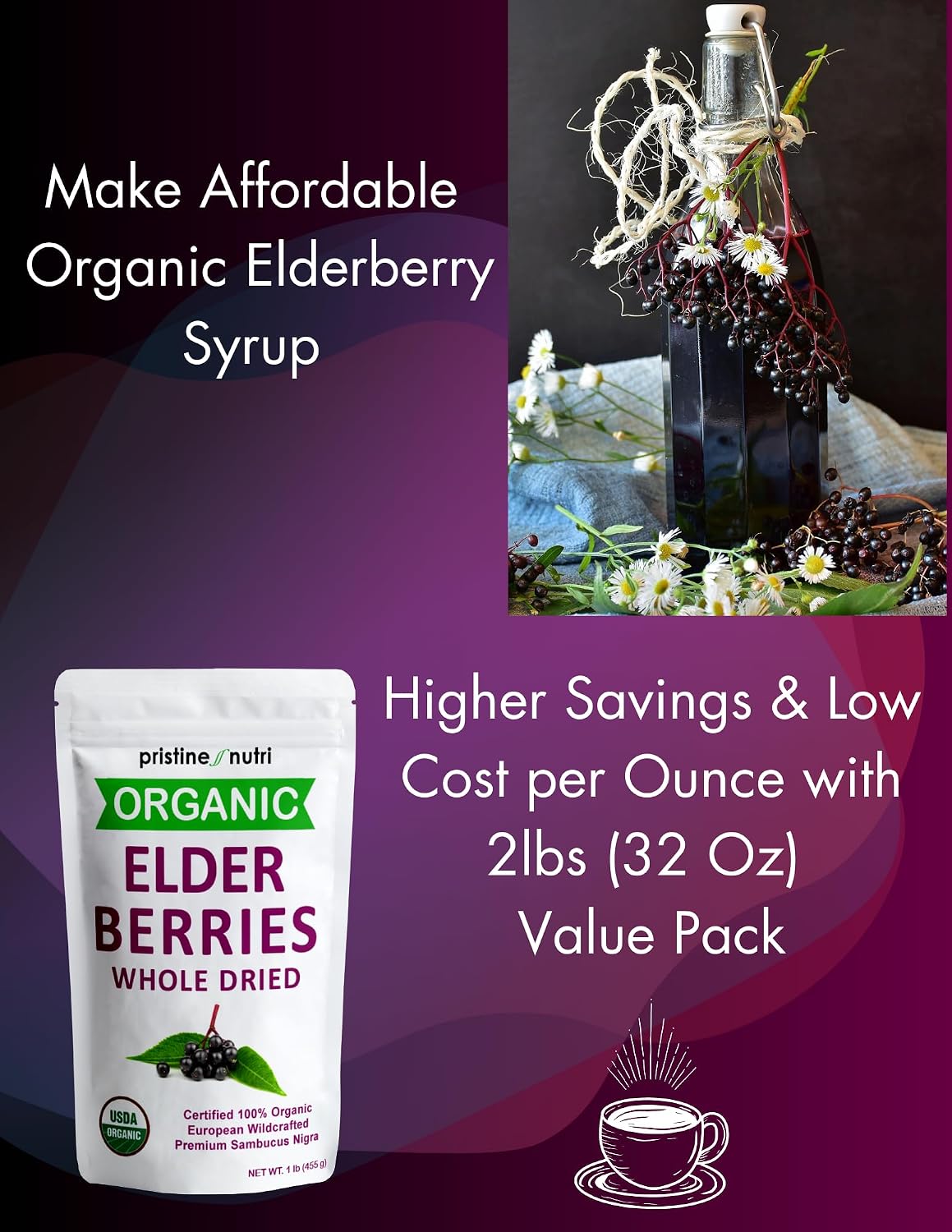 Organic Elderberries Dried Bulk | Whole European Elderberry Dried, Wildcrafted All Natural | Non-GMO, Non-irradiated | Immunity Booster Antioxidants and Vitamins | Make Syrup, Tea | 1 lb (16 oz)