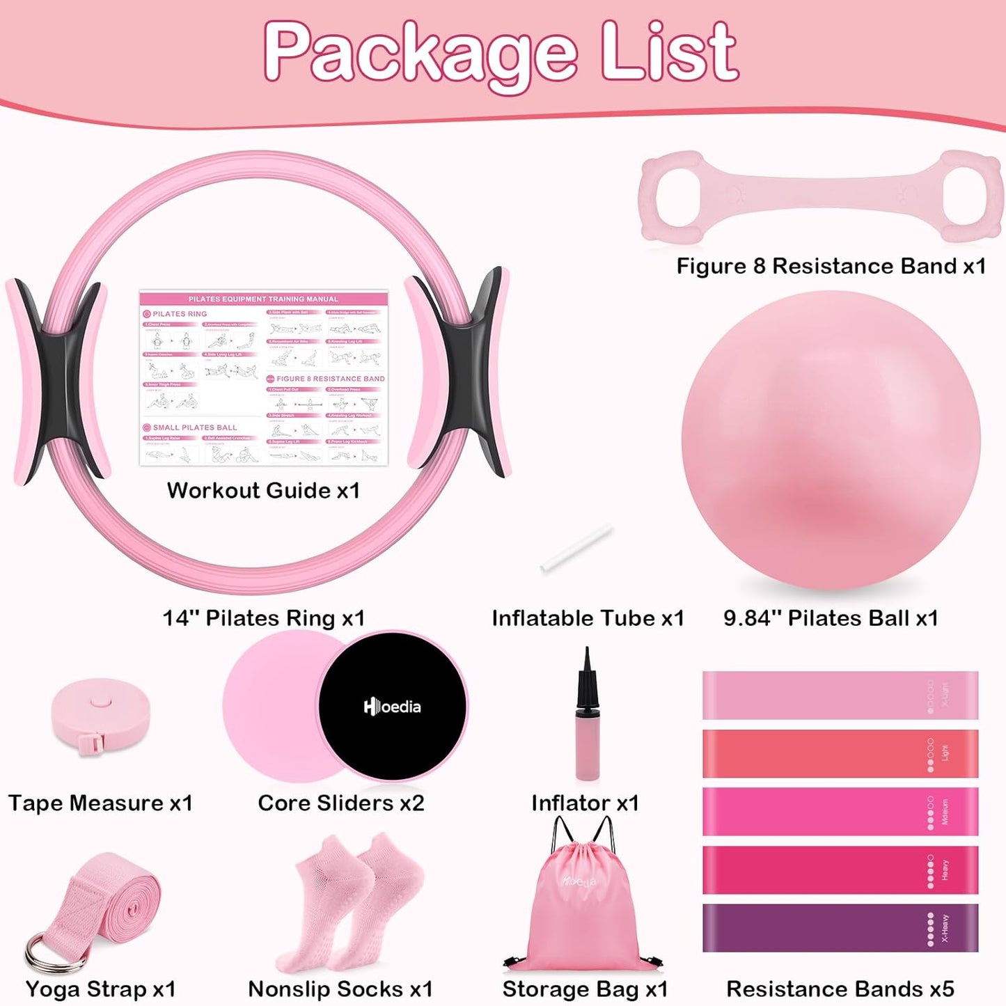 Hoedia Pilates Kit for Women, Pilates Equipment Ring and Ball Set with Resistance Bands, Yoga Strap, Core Sliders, Socks, Bag & Guide for Starter Home Workout Fitness Gym Essentials