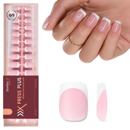 Beetles Press On Nail Kit-Short Square French Tip Press On Nails, 150Pcs Pink French Nail Tips with Nail Glue & Remover Builder Top Coat Nail Lamp, All-in-One DIY Fake Nails Gift for Women