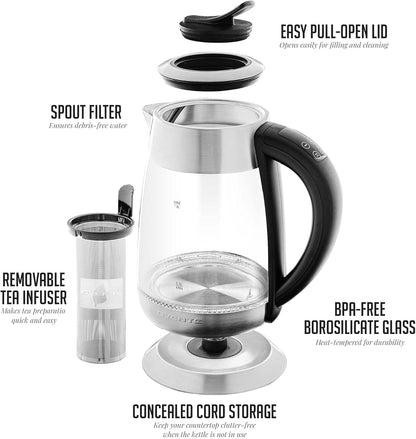 OVENTE 1.8L Glass Electric Kettle with Tea Infuser, Silver KGD752S