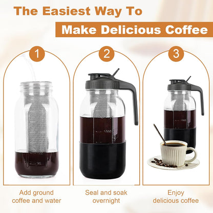Cold Brew Coffee Maker,64 oz Mason Jar Pitcher with Stainless Steel Filter, Pour Spout Handle Lid, Heavy Duty Glass Airtight & Leak-Proof for Iced Coffee,Tea & Lemonade