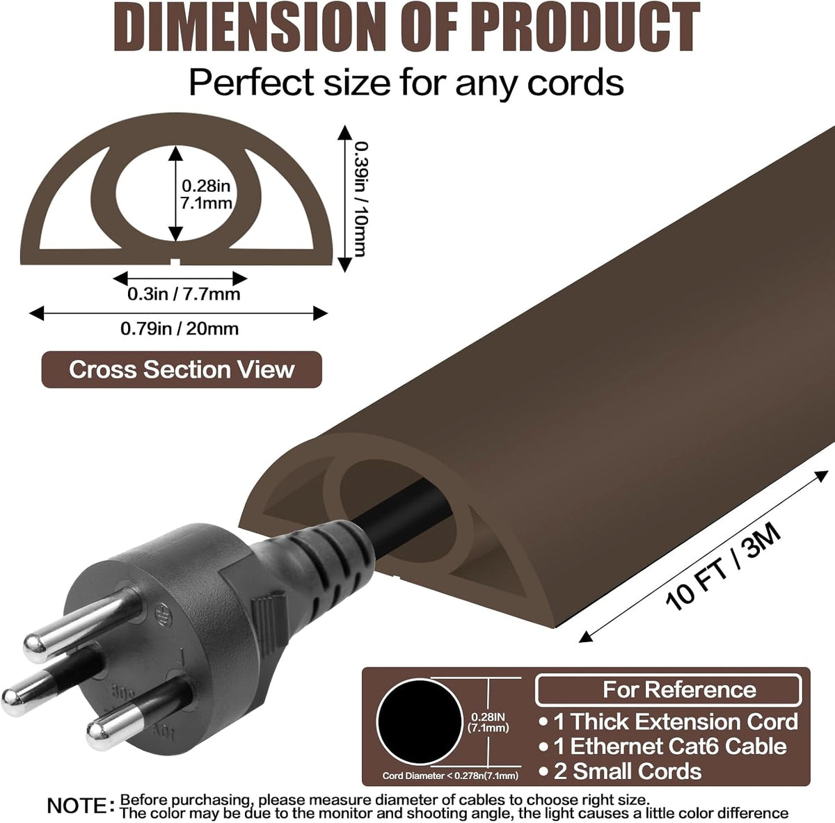 Floor Cord Cover Self Adhesive Cord Hider,10FT Cable Management, Extension Strip Protector for Wires, Prevent Cable Trips for Offices, Gyms, Exhibitions Cavity 0.39"(W) x 0.27"(H) BrownWood