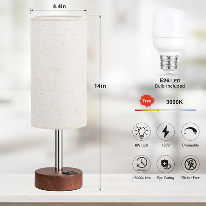 Dicoool Touch Bedside Table Lamp with USB - 3 Way Dimmable Wood Lamp for Bedroom Nightstand, Desk Lamp with Charging Station for Dorm, Living Room, Office, Kids Room, Small, 14in