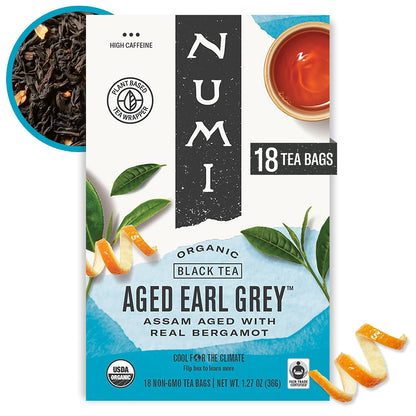 Numi Organic Aged Earl Grey Tea, 18 Black Tea Bags with Real Bergamot