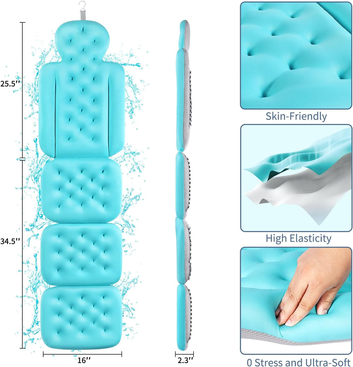 Luxury Bath Cushion, Full Body Bathtub Pillow with 160 Suction Cups, Bath Mat for Head and Neck Support, with Laundry Bag (Blue, 51" x 16")