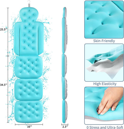 Luxury Bath Cushion, Full Body Bathtub Pillow with 160 Suction Cups, Bath Mat for Head and Neck Support, with Laundry Bag (Blue, 51" x 16")