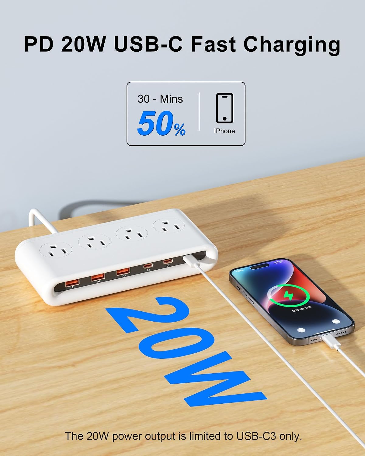Power Strip with USB Port - 4AC & 6 USB(3USB C), Outlet Extender 5FT