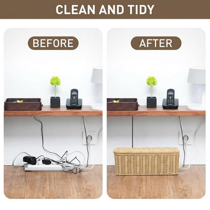 2 Pack Rattan Cable Management Box, Large Cord Organizer Box with Lid Under Desk Router Hider Storage Box with 4 Exits, Wire Box Hider for TV Wires Computer Surge Protector USB Hub Power Strip