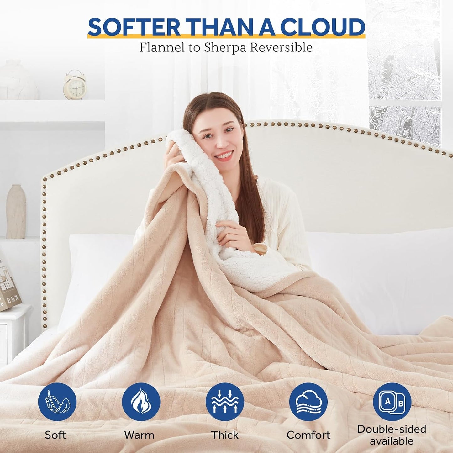 Sealy Heated Blanket Throw with Built-in Button Controller, Reversible Flannel to Sherpa Electric Blanket with 2-10 Hours Auto-Off & 4 Heating Levels, Over-Heat Protection, 50x60 inch, Beige