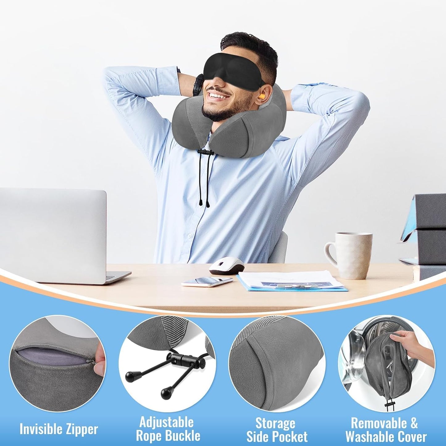 CloudBliss Travel Pillow for Airplane, Memory Foam Neck Pillow for Travel, Compact Flight Pillow with Eye Mask, Earplugs, Carry Bag, Travel Neck Pillow for Long Flight Sleep, Plane Accessories, Black