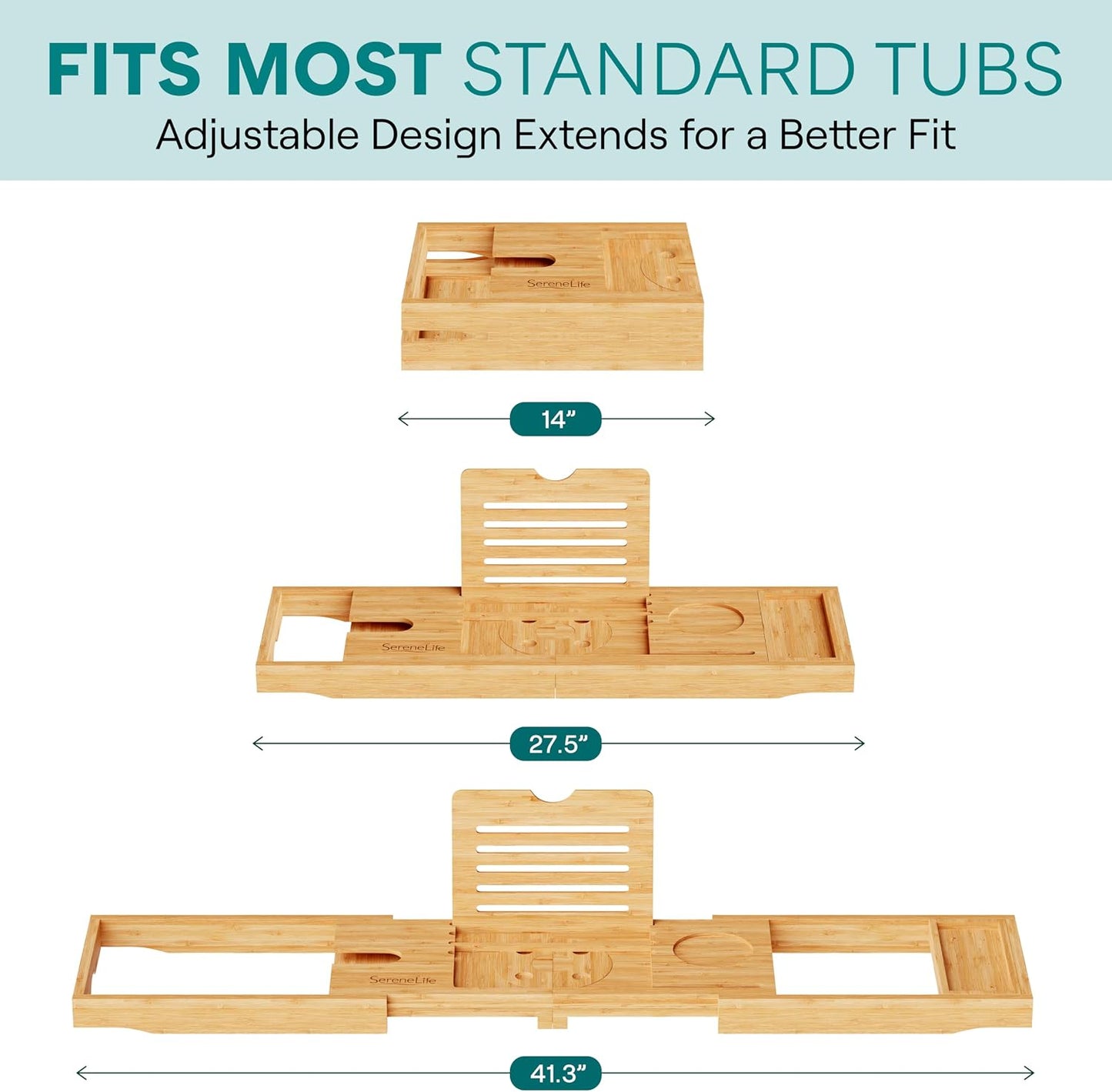 SereneLife 2 in 1 Bed and Bath Tray - Foldable Bamboo Bathtub Caddy with Adjustable Length, Non-Slip, Device Holder, Wine Glass Slot, Expandable for Comfortable Bathing, Natural, Folding Set
