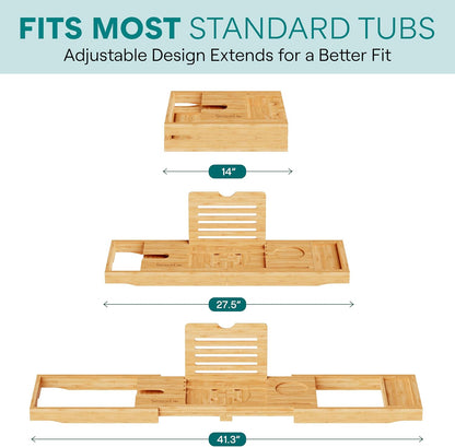 SereneLife 2 in 1 Bed and Bath Tray - Foldable Bamboo Bathtub Caddy with Adjustable Length, Non-Slip, Device Holder, Wine Glass Slot, Expandable for Comfortable Bathing, Natural, Folding Set