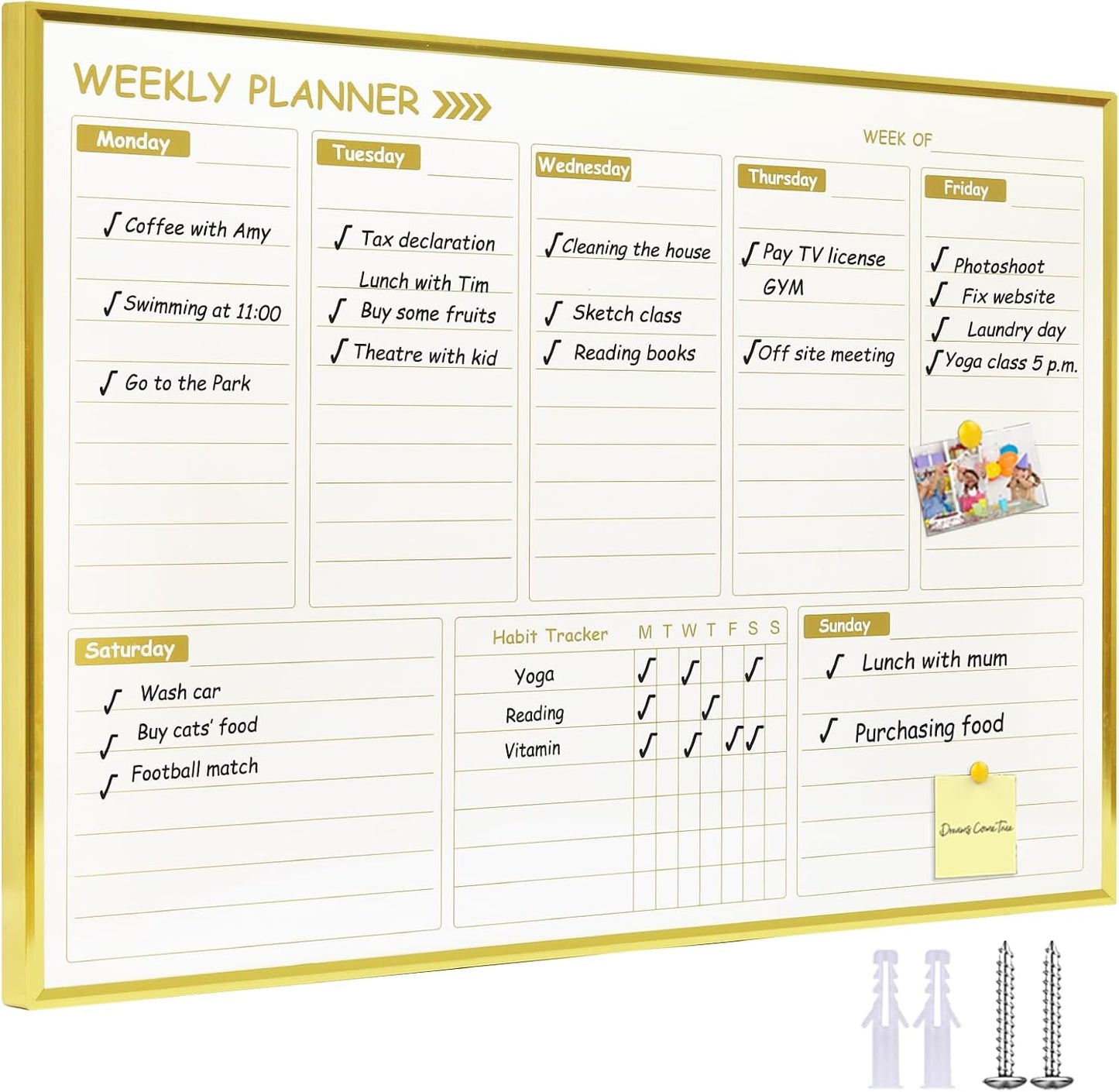 Gold Weekly Dry Erase Board for Wall,12"x16",Gold Metal Frame Weekly Planner Whiteboard for to Do List, Memo, School, Home, Office, Kitchen-GZ