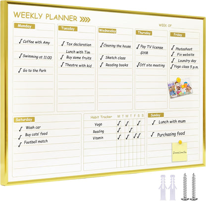 Gold Weekly Dry Erase Board for Wall,12"x16",Gold Metal Frame Weekly Planner Whiteboard for to Do List, Memo, School, Home, Office, Kitchen-GZ