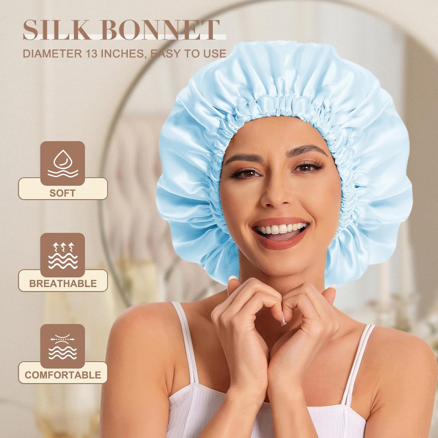 Satin Bonnet Silk Bonnet Hair Bonnet for Sleeping-Slouchy Beanie Hat Satin Sleep Cap for Women's Natural & Curly Hair(Blue Zircon)
