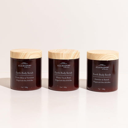 A LA MAISON Earth Body Scrub Amber Collection Natural Pumice Scrub with Shea Butter & Olive Oil – Gently Exfoliates & Softens Skin – French Formula – Plant-Based – 7 oz (Jasmine & Santal)