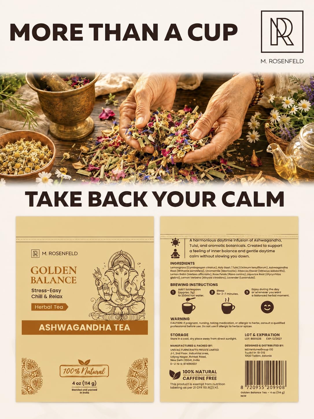Ashwagandha Tea Loose Leaf – Golden Balance – Chill & Relax Herbal Blend with Chamomile, Lemon Balm & Lavender – Caffeine-Free Adaptogen Root Tea with a Naturally Slightly Earthy Flavor for Calm & Relaxation, 4 oz