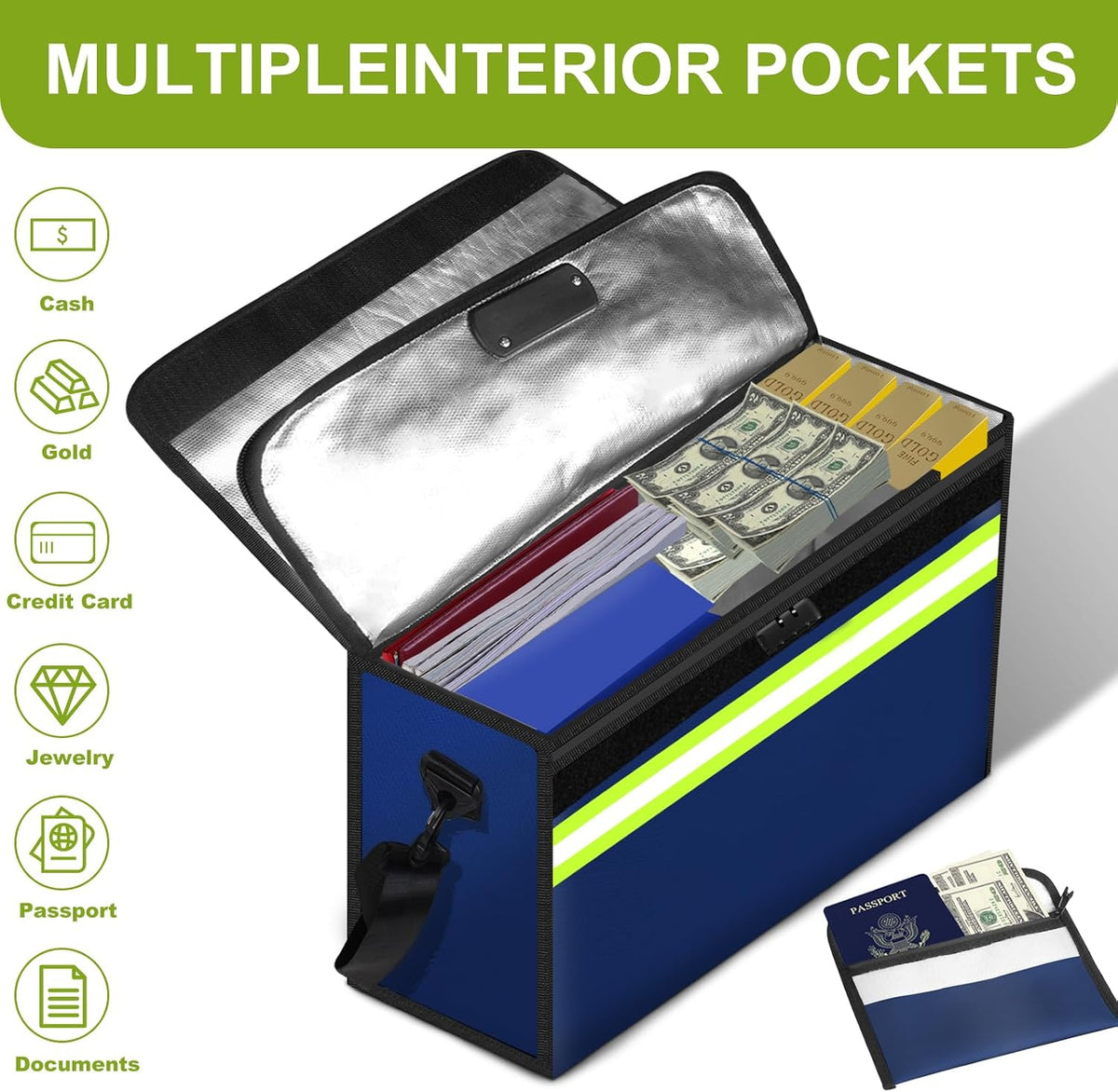 6500°F Fireproof Document Bag with Lock-Fireproof Box with 10 Layers Insulation Materials&Waterproof Zipper,Removable Wallet,Reflective Strip for Cash,Documents,Jewelry(14.2”x 9.6”x 4.1”)