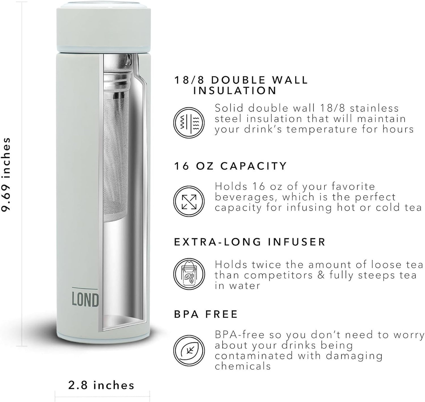 London Sip Multi-Purpose Tea Infuser Travel Mug and Tumbler Fruit Infuser Flask Hot and Cold Double Wall Stainless Steel Thermos with Extra-Long Infuser, Midnight Teal