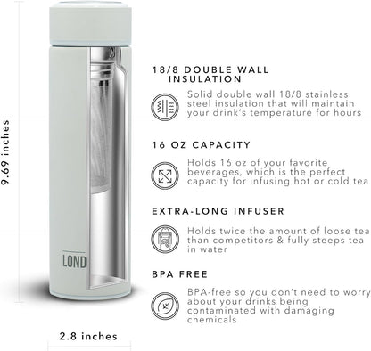 London Sip Multi-Purpose Tea Infuser Travel Mug and Tumbler Fruit Infuser Flask Hot and Cold Double Wall Stainless Steel Thermos with Extra-Long Infuser, Midnight Teal