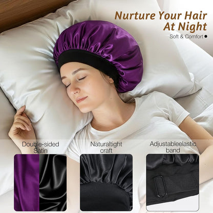 Silk Bonnet for Sleeping Double Layer Satin Bonnet Adjustable Bonnets for Black Women Sleep Cap Reversible Hair Bonnet for Curly Hair (Black and Purple)