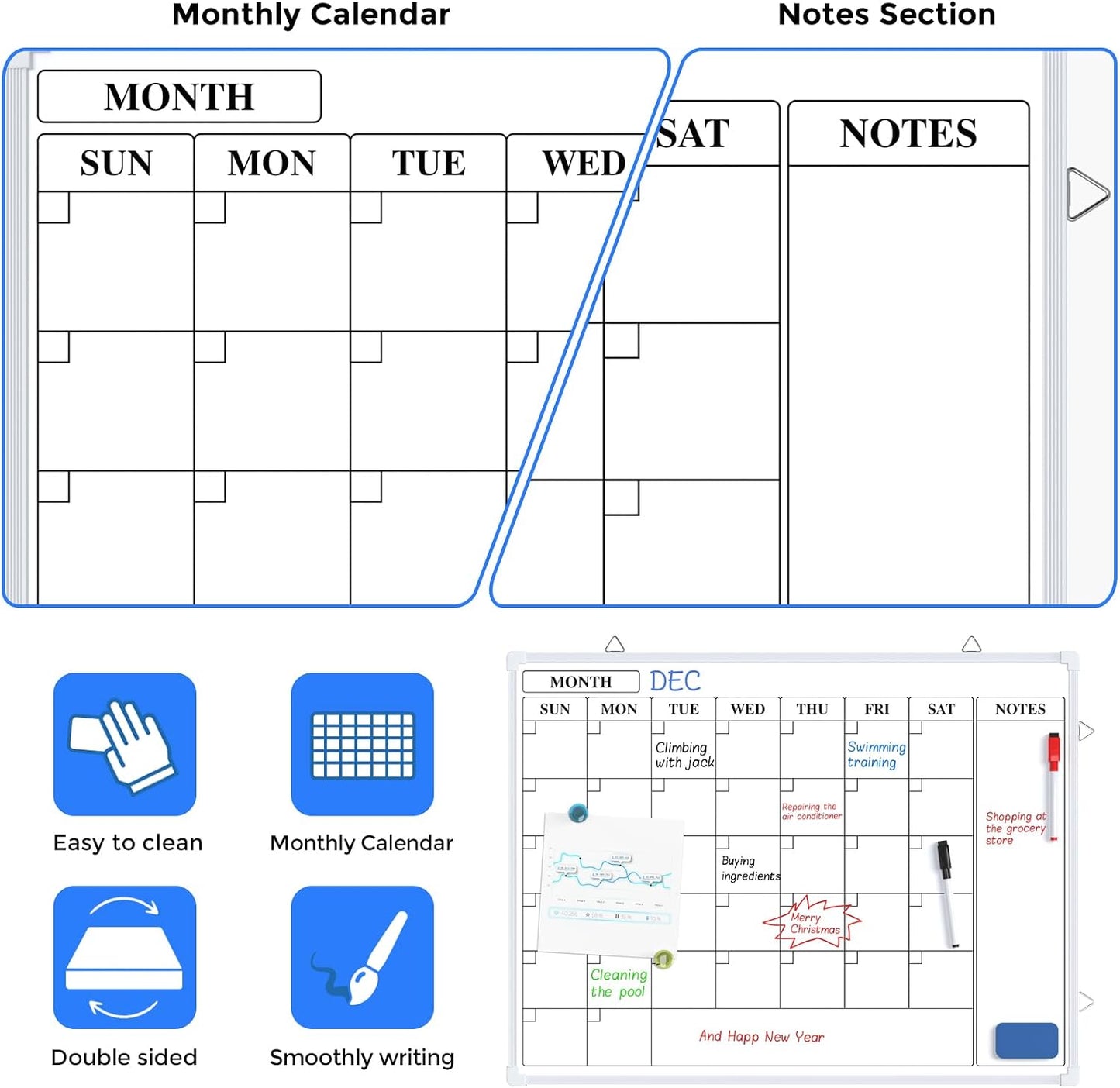 MaxGear Monthly Calendar Dry Erase Board for Wall, 16"x12", White Frame | Double-Sided, Hanging Small White Board, Portable Whiteboard for Planning, Drawing, Memo, to Do List, Home, Kitchen, Office