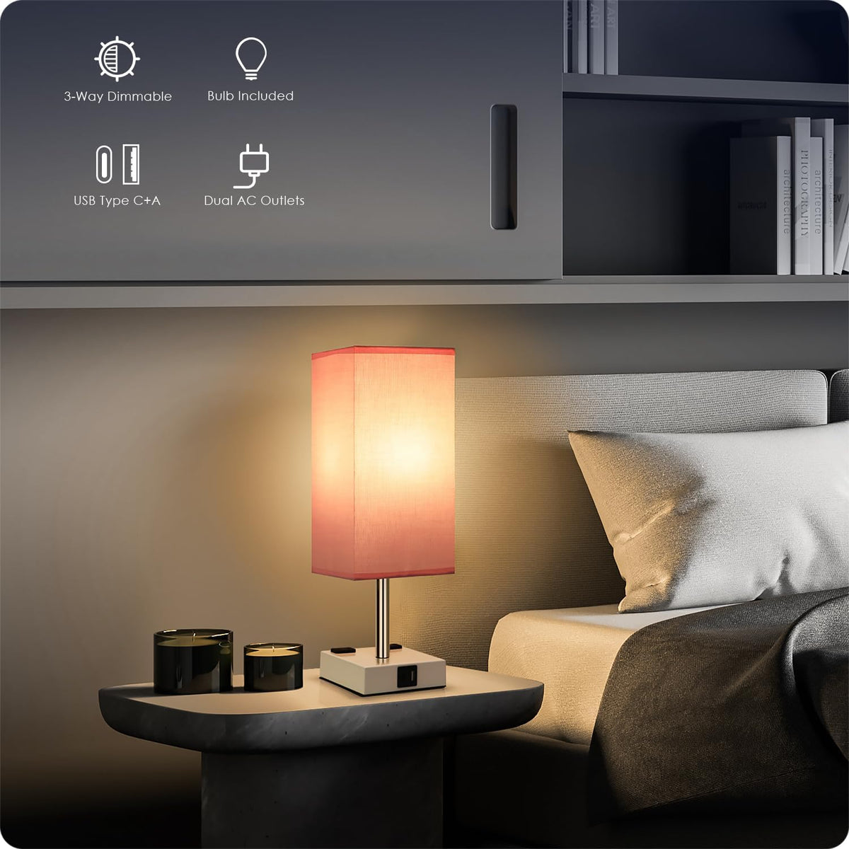 Bedside Table Lamp for Bedroom - Touch Small Lamp with USB C+A Charging Ports & AC Outlets, 3 Way Dimmable Nightstand Light for Living Room (LED Bulb Included, Grey)